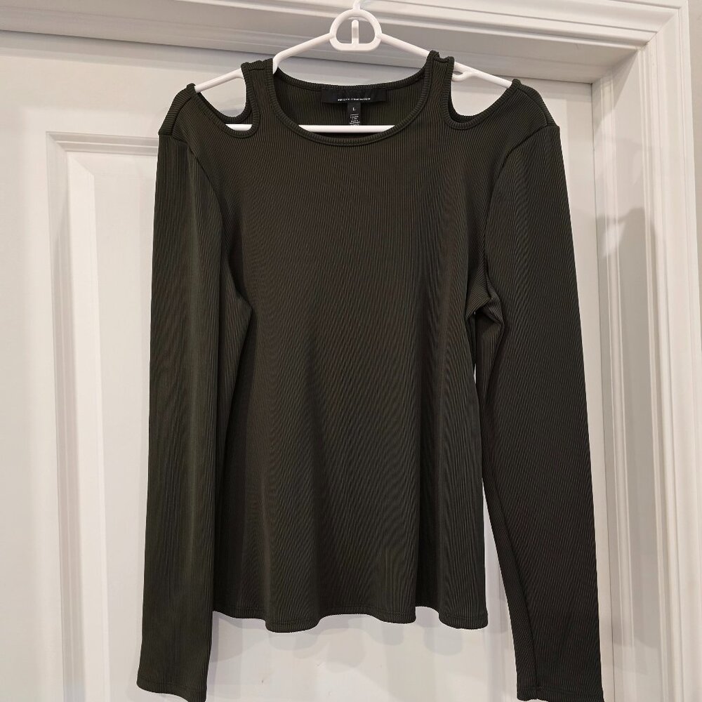 WHBM Long Sleeve Cutout Ribbed Top (Dark Olive Green)